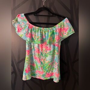 Lilly Pulitzer Pink and Blue Flamingo Off-Shoulder Blouse
